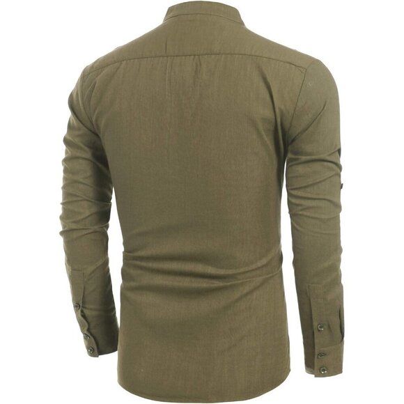 Men's Green Cotton Linen Henley Shirt Long Sleeve Hippie Casual Beach T Shirts - Picture 8 of 9